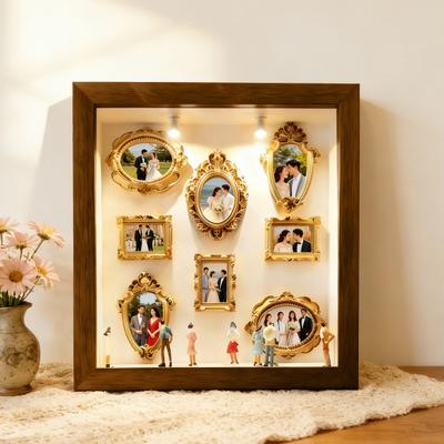 DIY Mini Photo Frame Museum Silhouette Box Lighted Personalized Family Memory Display Case Frame Kit with 8 Mini Figurines And 8 Gold Photo Frames
