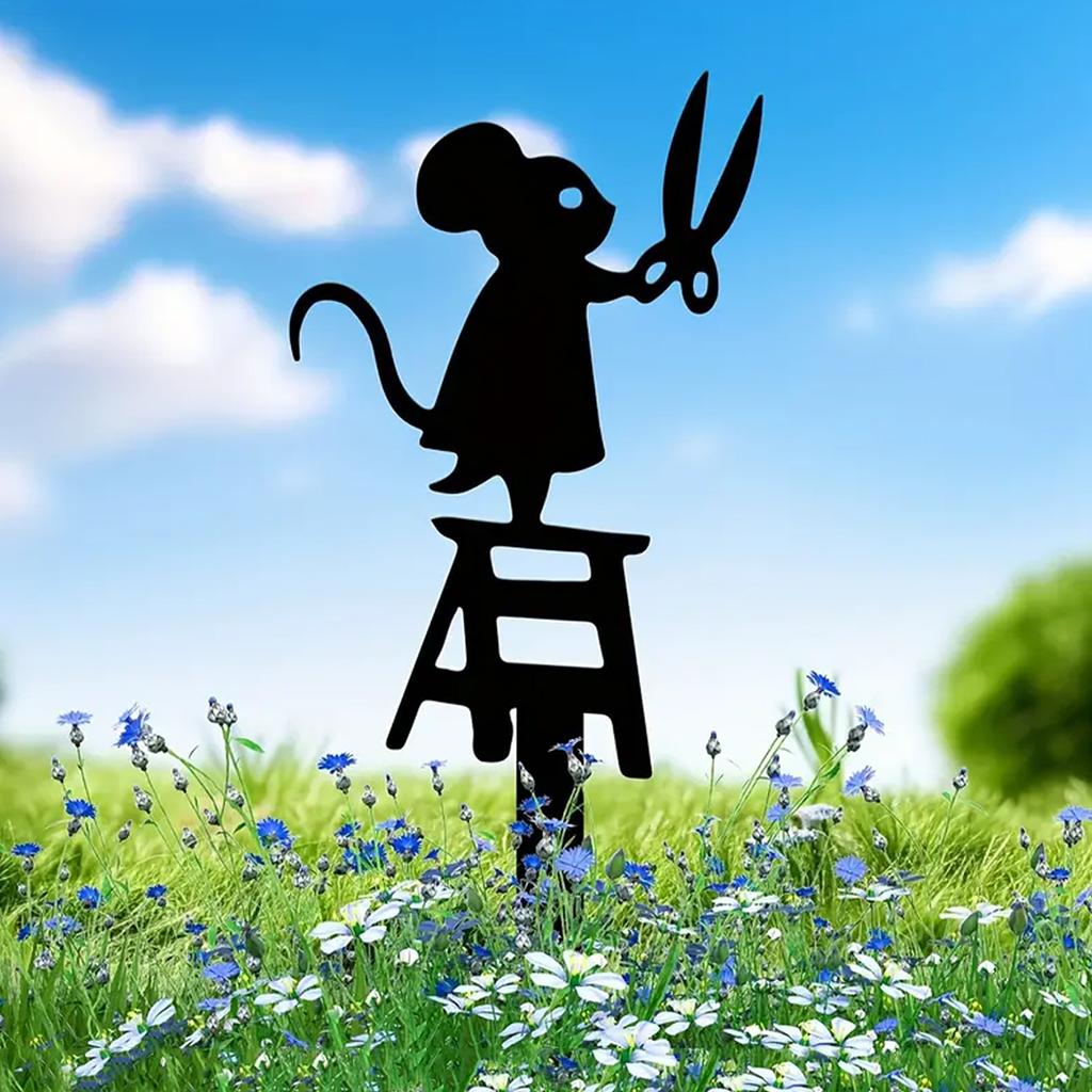 1 stk silhuett metall hagepinne med saks mus design, art deco plen skilt, kreative dyreskulptur dekorasjoner