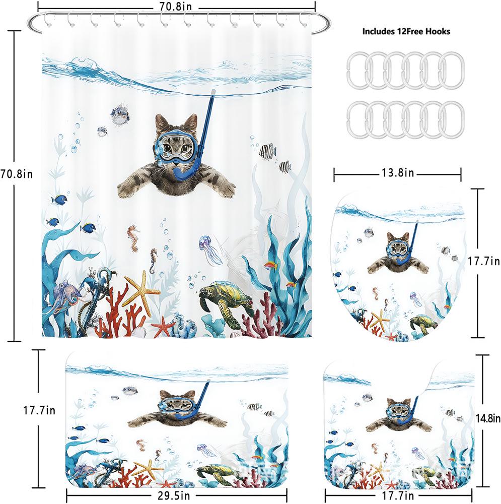 Blue-Green Cartoon Marine Life & Cat Pattern Shower Curtain - Polyester, All-Season Use