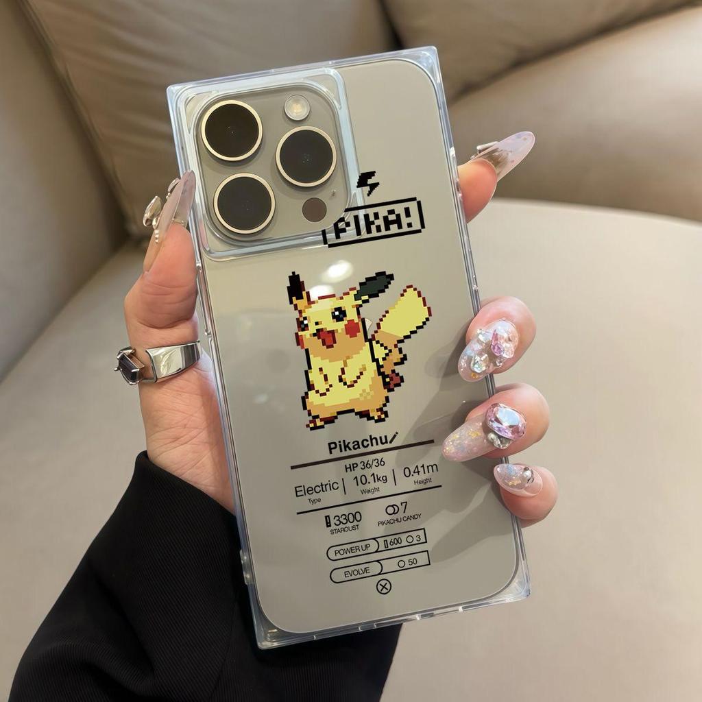 Clear Square Back Tube Case Protection For iPhone 12 13 16 ProMax 15 Plus 11 14 Pro Max Anti-Oxygen,Cute Pikachu Pattern Casing