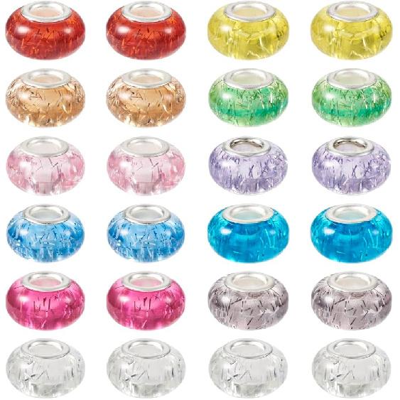KISSITTY 66Pcs Assortment European Resin Beads Glitter Large Hole Bead Mixed Colors Platinum Cores Rondelle Mixed Color Spacer Beads for Jewelry