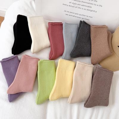 5 Pairs of Women's Autumn and Winter Warm Solid Color and Fleece Thick Cotton Ring Socks