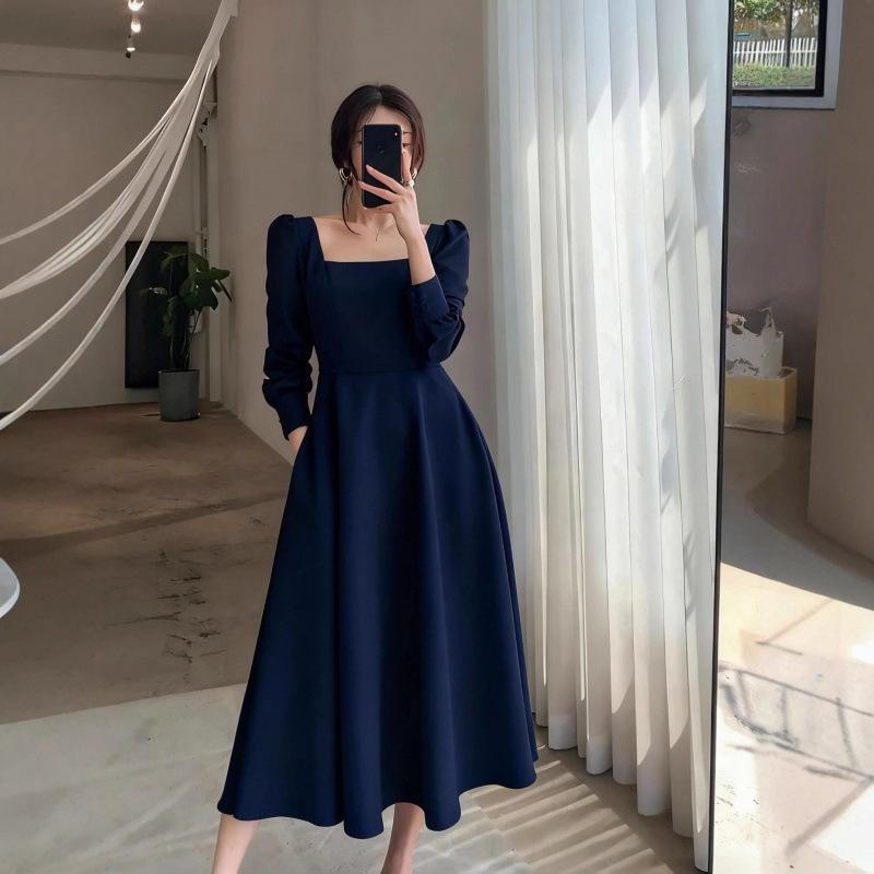 Little black dress women's spring and autumn new retro square collar long over the knee black temperament dress long dress