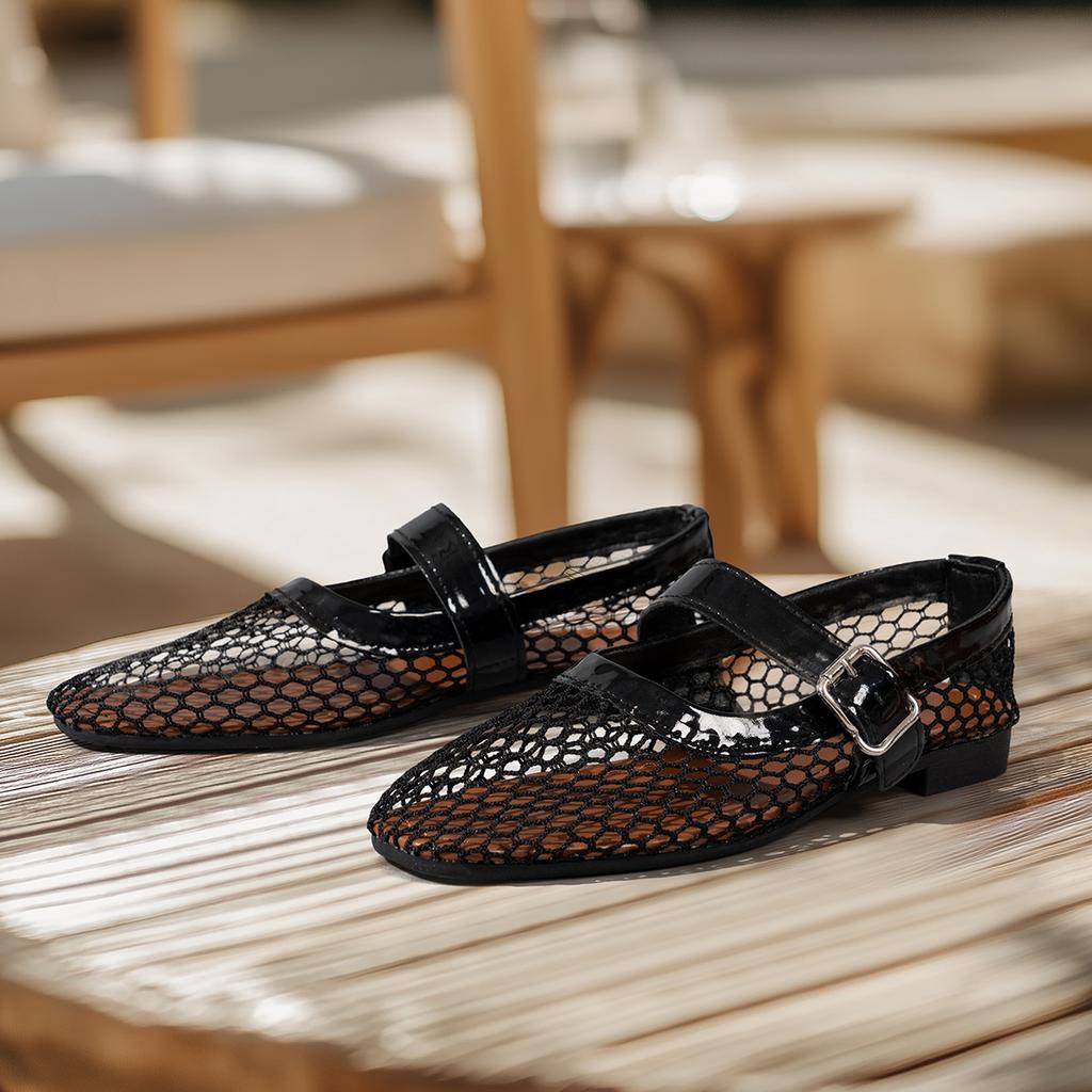 Fashion Women Knitted Air Mesh Flats Shoes Spring Summer Belt Buckle Ballerinas Ladies Fishnet Loafers Slip On Hollow Out Mary Janes