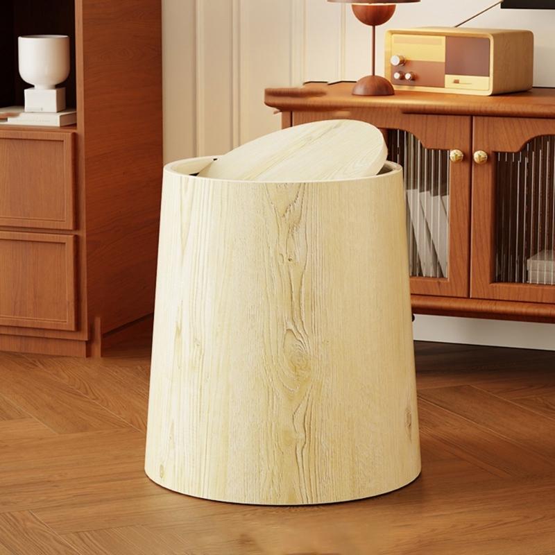 Retro Plastic Wastebasket with Simulation Wood Grains Pattern Flips Top Cover Trash Can For Small Space Office and Bedroom