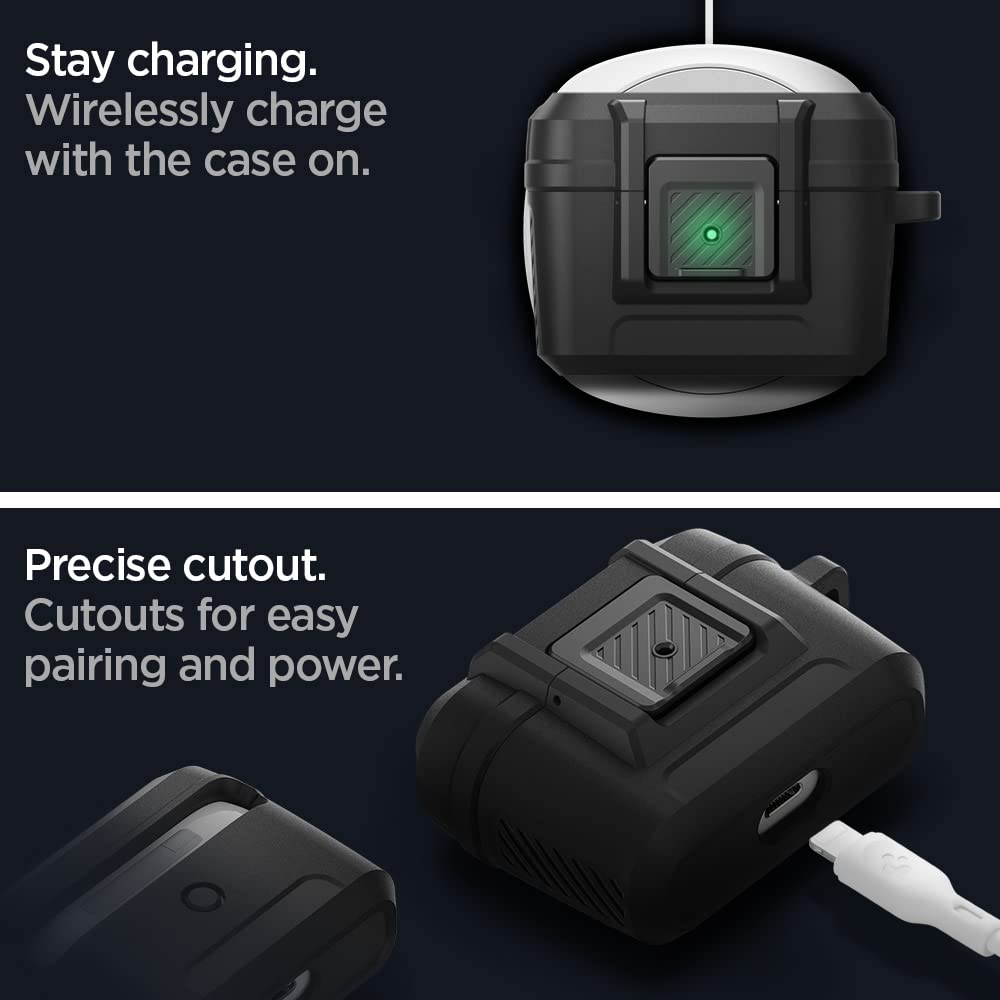 Spigen Airpods Pro Case Lock Function Wireless Charging Lost Prevention with Carabiner Integrated Shockproof Cover Shock Absorption Charging Light