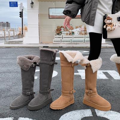 Thick-soled Two-wear Buckle Belt, Tall Gray Snow Boots, Non-slip and Warm, Knee-length Northeast Cotton Boots