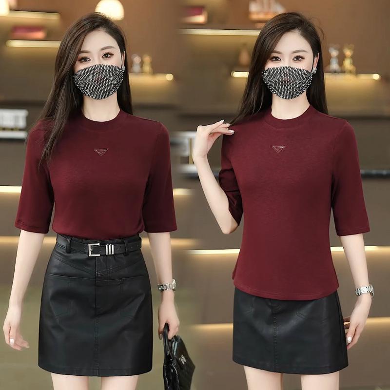 Women s Black Half-High Collar Mid-Sleeve Slim-Fit Top 4XL красный