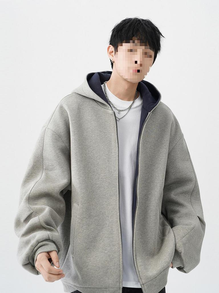 Men's Heavyweight Double Zipper Hooded Sweatshirt Jacket - Cool, Thickened Autumn Winter Color Block Casual Cardigan