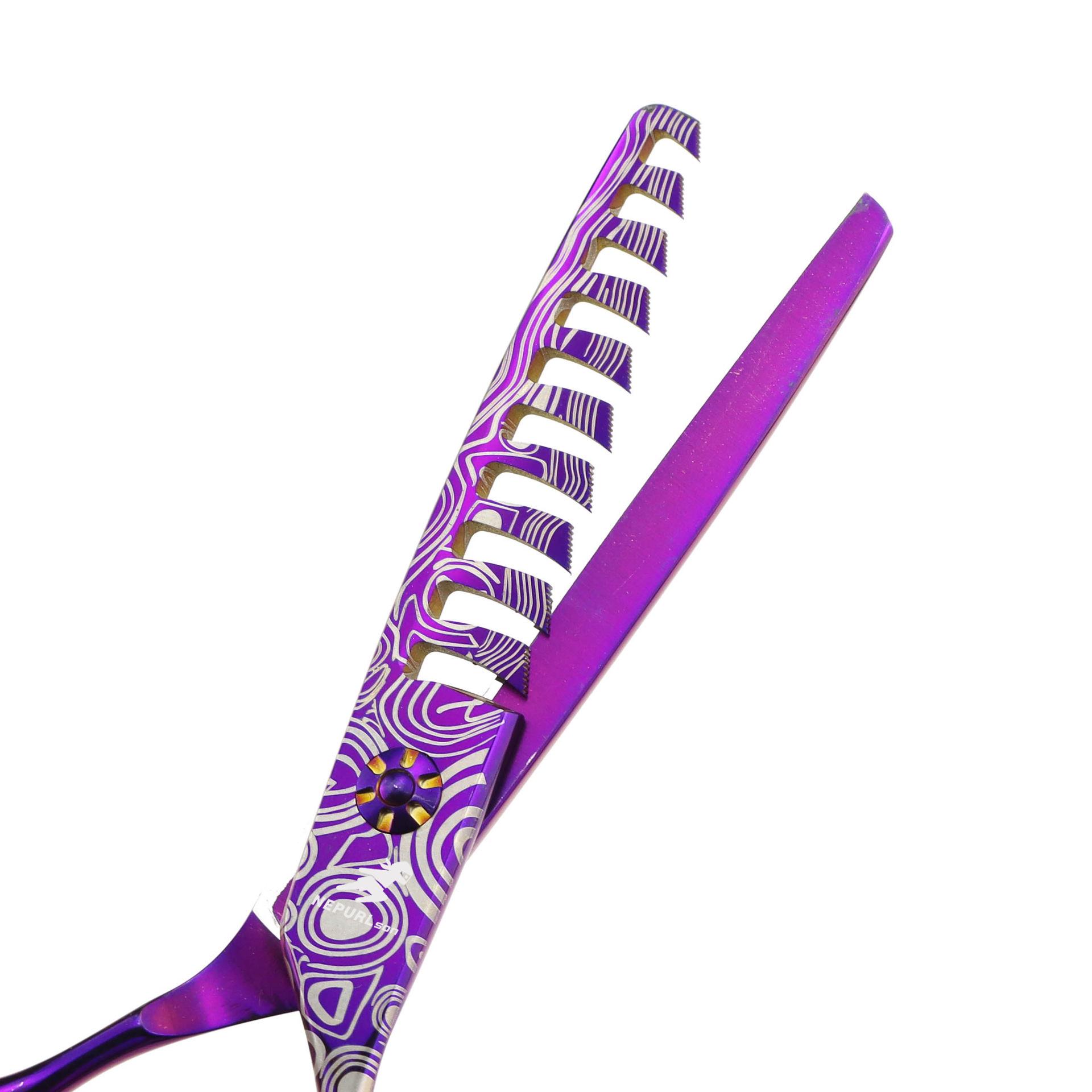 6.0 Purple Damascus Hairdressing Scissors with Serrated, Seamless, V-shaped, Antler, and Fishbone Teeth.