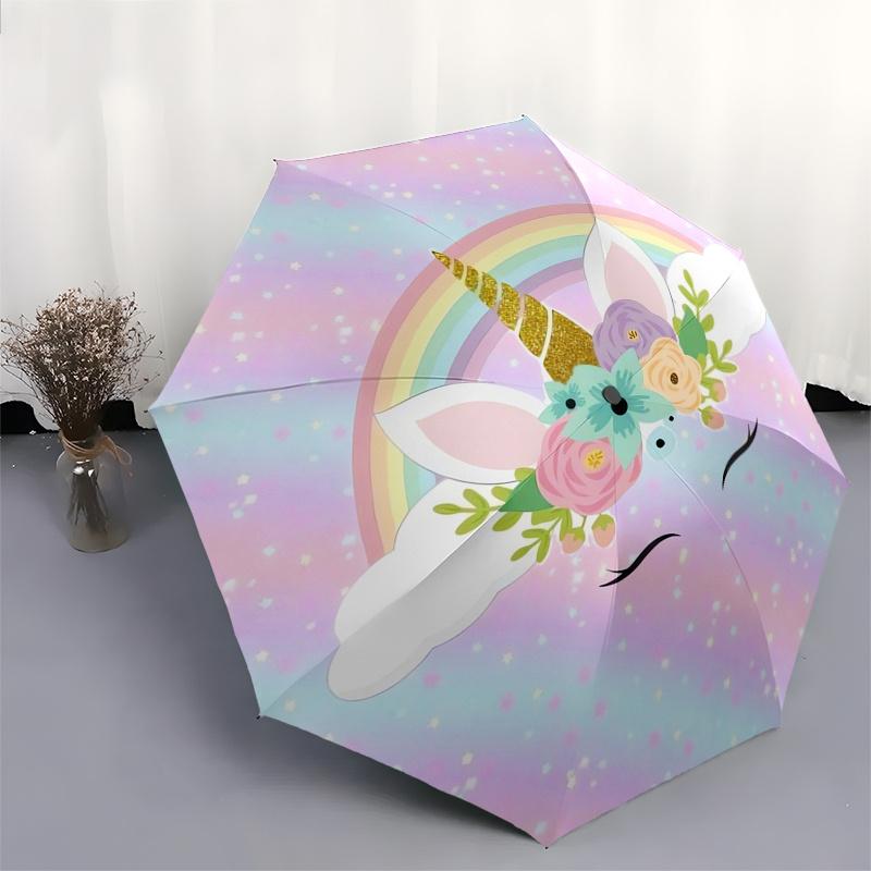 Unicorn,Rainbow Themed Automatic Folding Umbrella 8 Ribs Durable Iron Frame, Vibrant Color Design, Compact Travel Umbrella for Beach, Outdo