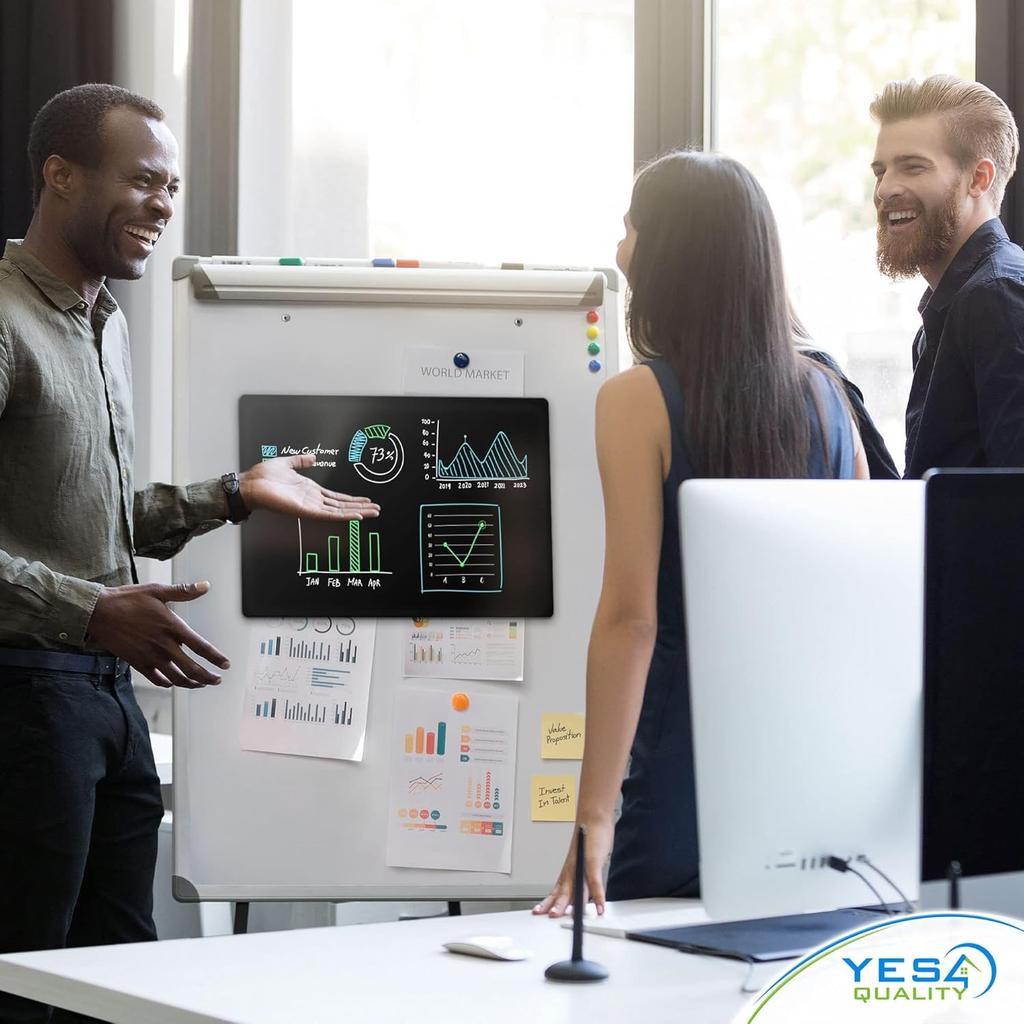 Magnetic Black Dry Erase Board for Fridge (12 x 8 inch), Stain-Resistant w/ 3 Magnetic, Fine-Tip Neon Chalk Markers & Eraser by Yes4Quality