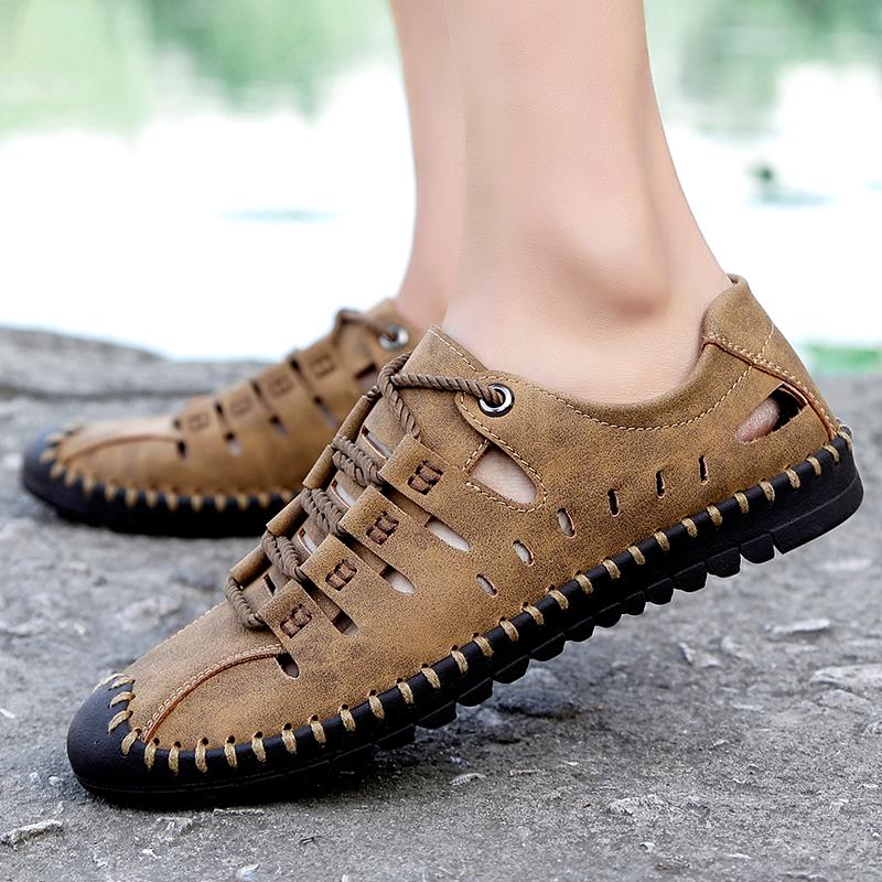 New Summer Breathable Men Sandal Roman Genuine Leather Handmade Mesh Men Casual Shoes Platform Outdoor Hiking Mesh Beach Sandals