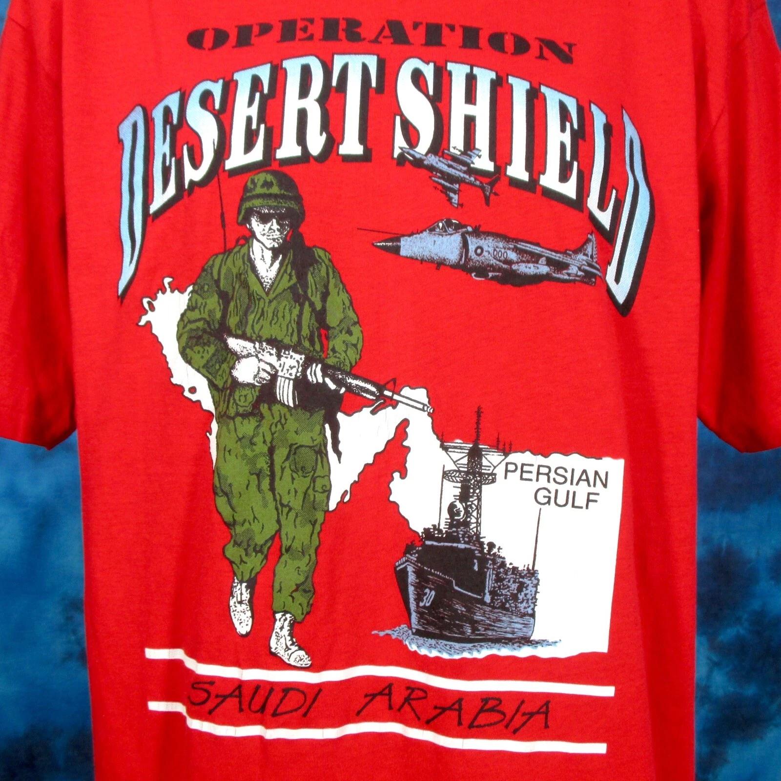 

NOS vtg 90s OPERATION DESERT SHIELD PAPER THIN T-Shirt L/XL storm army military S