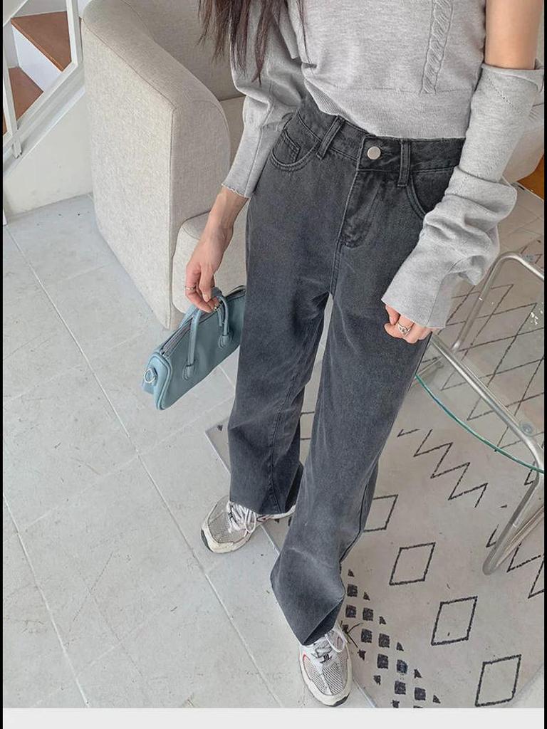 Women's High Waist Black Gray Wide-Leg Jeans - Slim, Floor-Length, Autumn/Winter 2021 Style