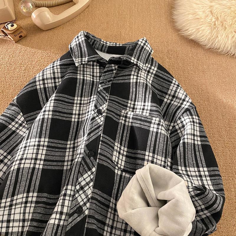 Autumn and Winter Men's Velvet Thickened Retro Plaid Large-size Lapel Long-sleeved Shirt Jacket Loose Top