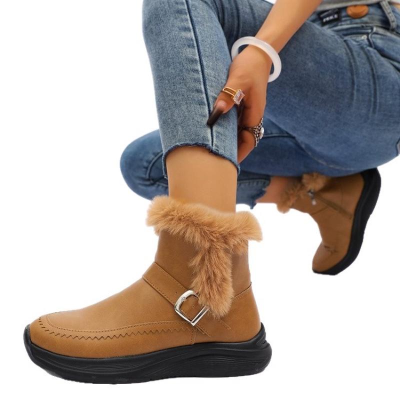 Autumn and winter new large size women's snow boots thickened color short boots velvet warm flat boots side zipper