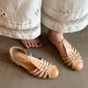 2025 British Woven Hollow Bag Head Sandals Women's Summer New Leather Low-heeled Round Head Roman Pig Cage Shoes