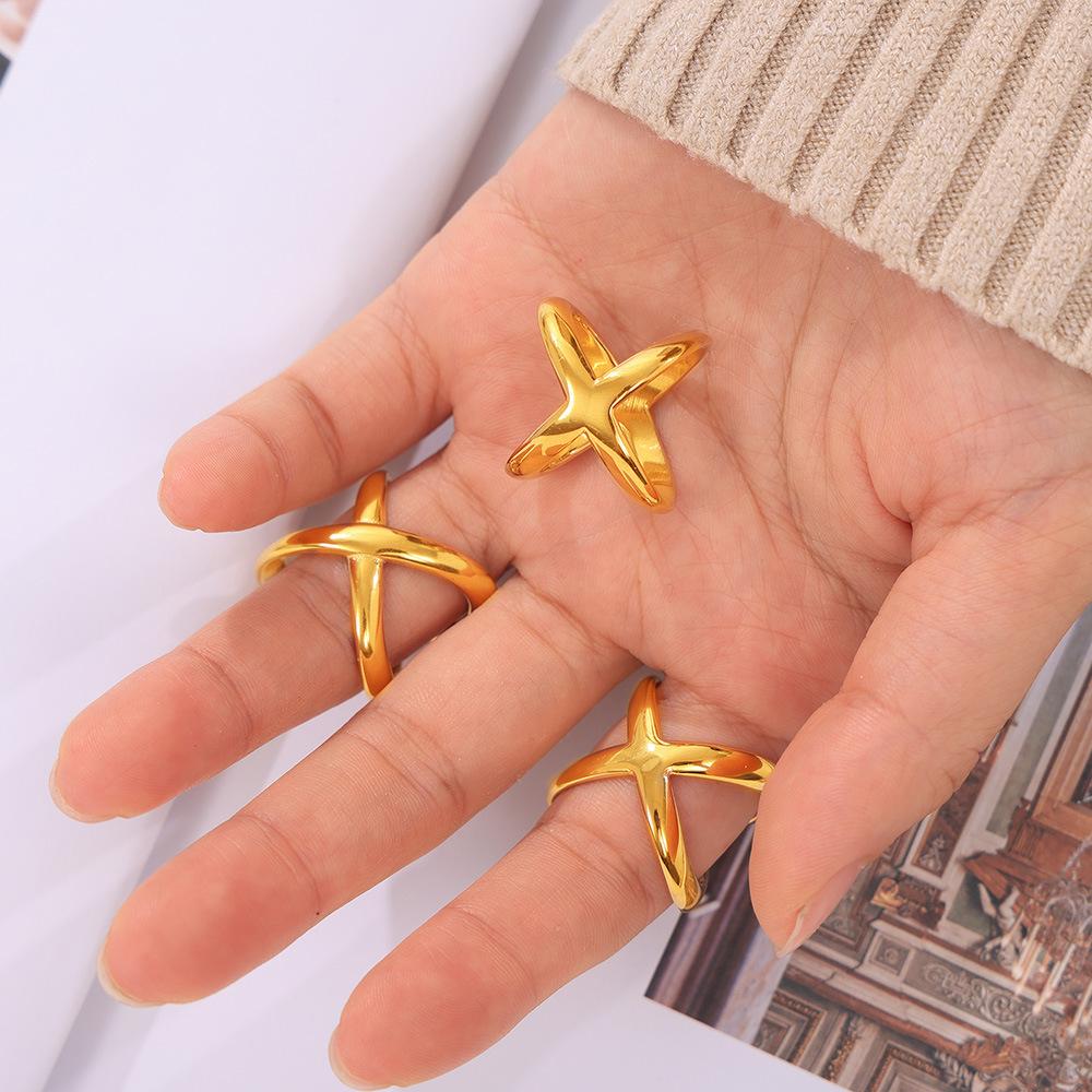 Geometric Three-Dimensional Cross Open Ring Titanium Steel Plated 18K Real Gold Personalized Ring