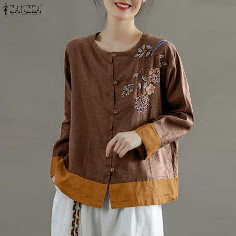 ZANZEA Women Casual Round Neck Loose Long Sleeve Print Blouse