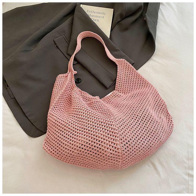 Bolso de punto versátil para mujer con bloques de color - Bolso de hombro individual calado para la playa o el trayecto