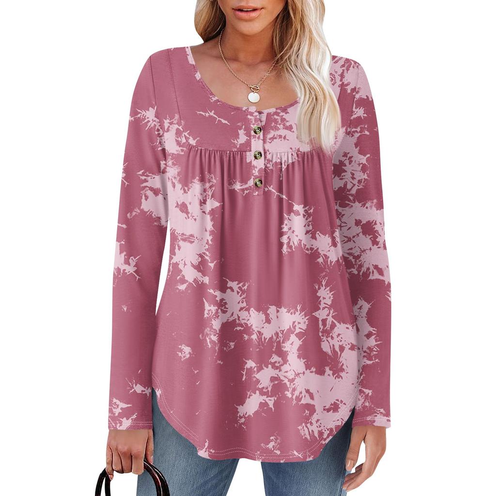 Dame Langermet Tunika Løse Topper Casual Oversized Topper Plissert Tunika Knapper Ned Casual Dame Print Topper