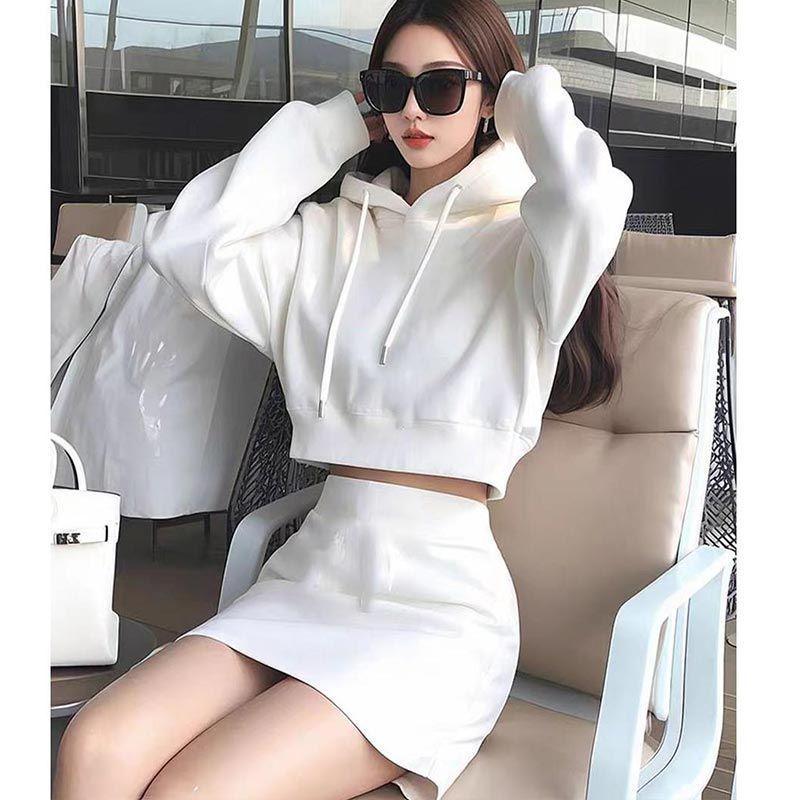 

2026 White Slim-fit Hooded Sweatshirt & High-waisted Skirt Set for Women - Spring/Autumn Fashion Casual Wear L (For 54-57 kg)