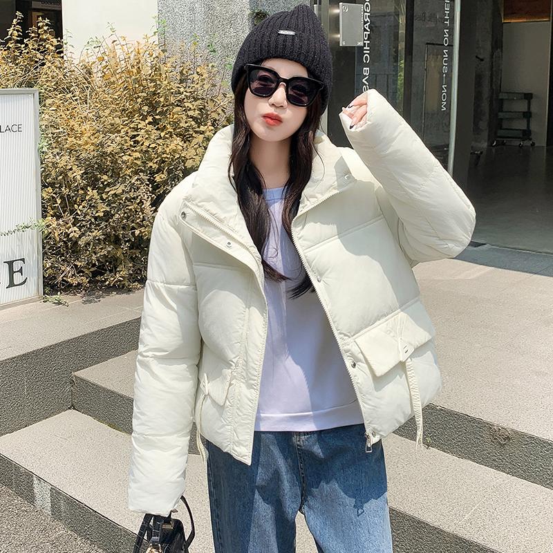 Women Autumn Winter Big Pocket Solid Color Thicken Outwear Cotton Padded Stand Collar Warm Short Jacket Coat