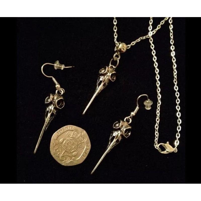 Popular Handcrafted Crow Skull Necklace & Earring Set, 18-inch Chain