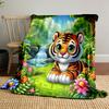 Cute Tiger Cub In Tropical Jungle Scene Patterned Blanket, Flannel, Suitable for All Seasons, Home Decor, Warm and Cozy