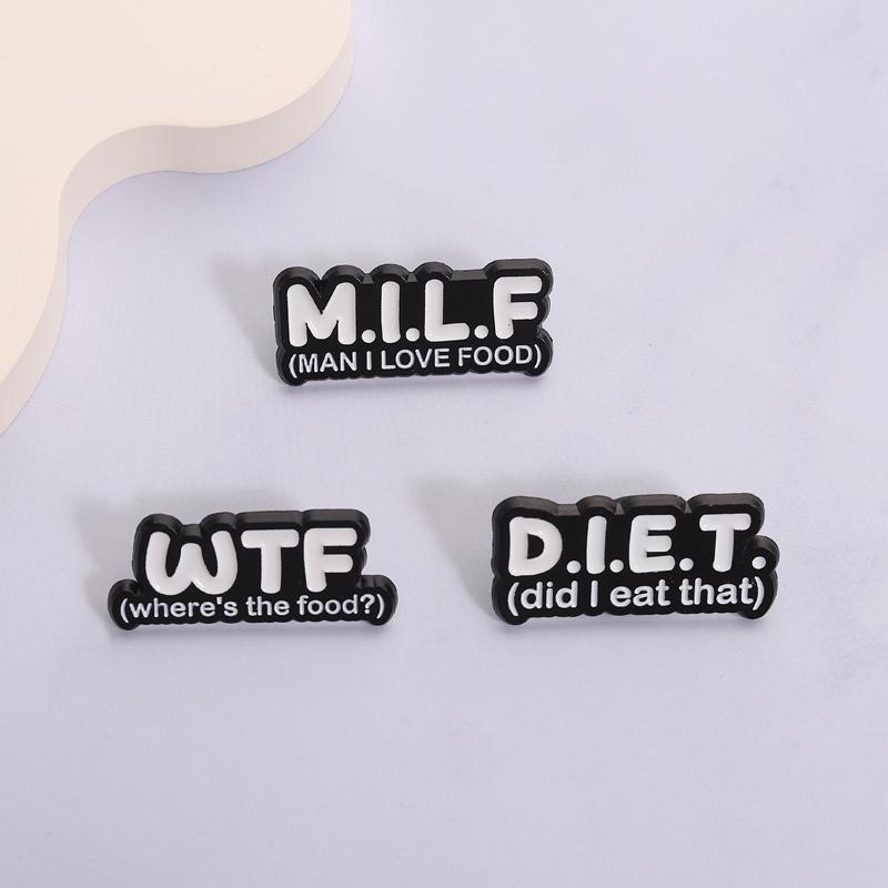 Milf Diet Wtf Enamel Pins Bat Funny Abbreviation Brooches Lapel Badges Punk Cool Jewelry Gift for Family Friends
