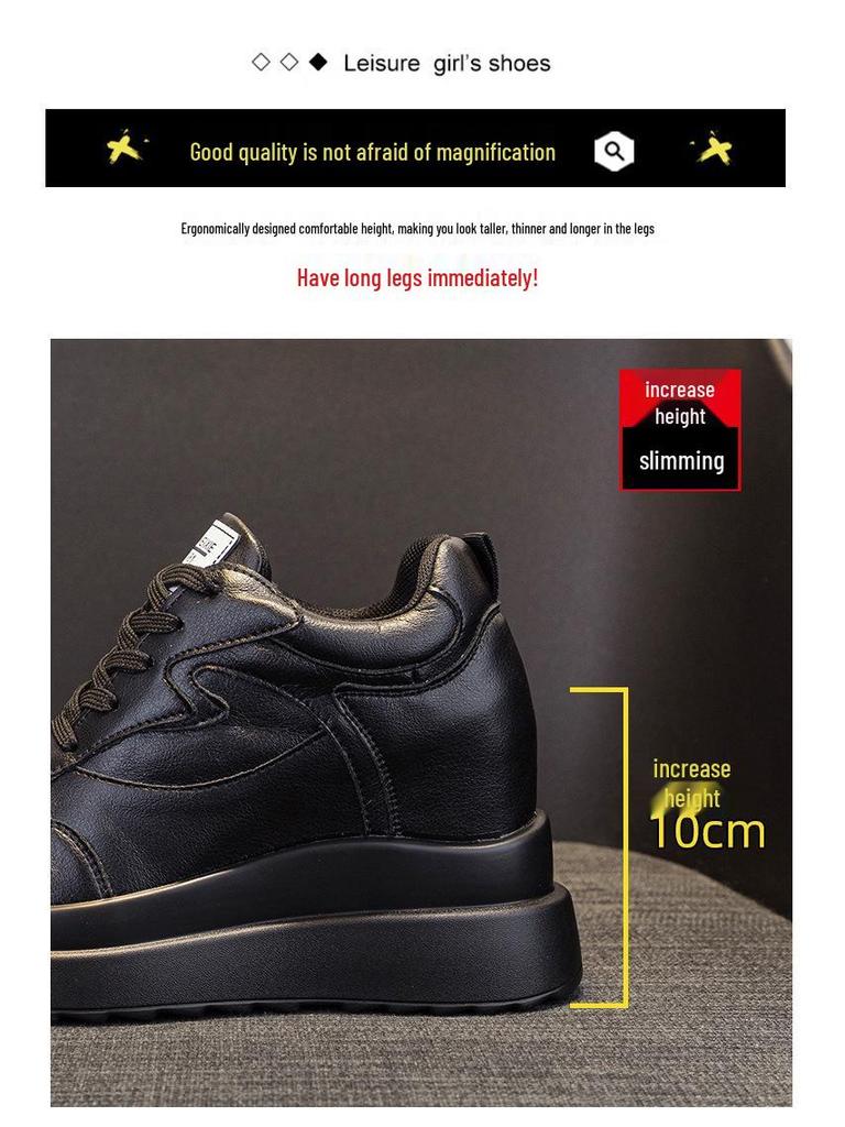 Women's 2025 Spring Height-Increasing White Sneakers - 10CM Thick Sole, Genuine Leather, Casual Sports Shoes