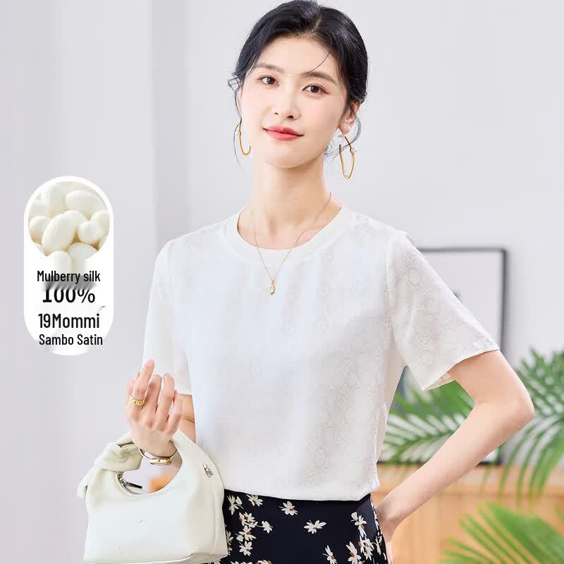 19 Momme Silk Jacquard Round Neck Short Sleeve T-Shirt L