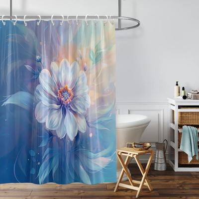 1PC 3D Blue Flower Pattern Shower Curtain, Waterproof, with 12 Hooks, Suitable for Bathroom Shower, Bathtub, Home Use