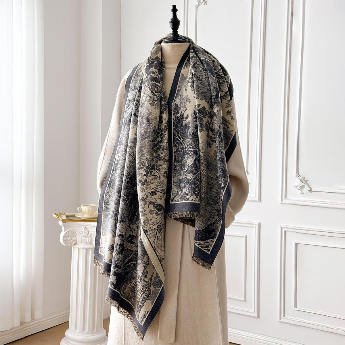 

Elegant Retro Style Women S Double-Sided Landscape Print Cashmere Scarf Winter Warm Pashmina Shawl Foulard Poncho