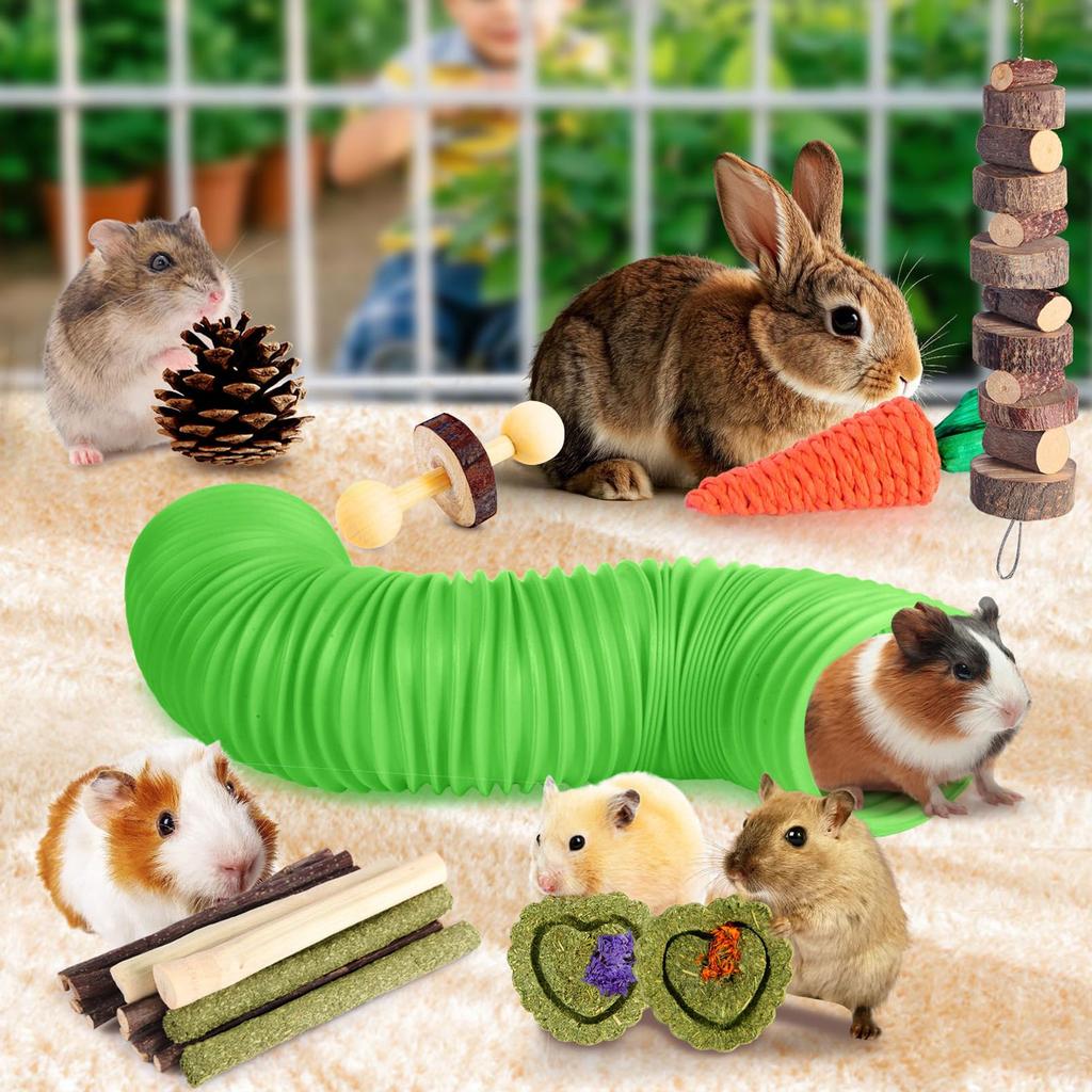 Hamster Toys Set with Tunnel Chewable Wood Timothy Hay Guinea Pig Enrichment Chew Toys for Small Animals
