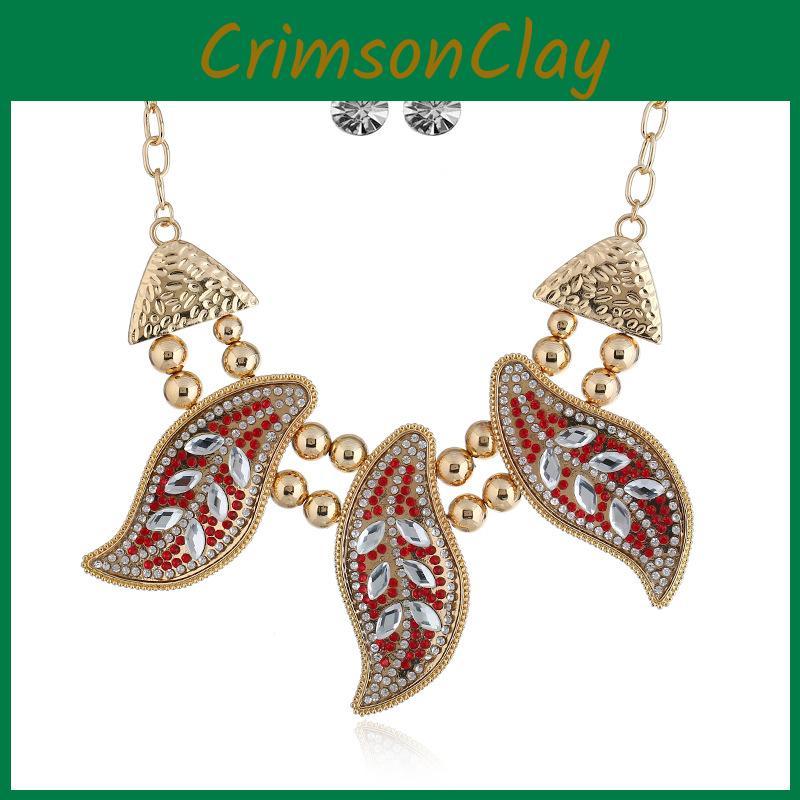 Leaf Necklace Vintage Set With Rhinestone Decor And Geometric Style For Women