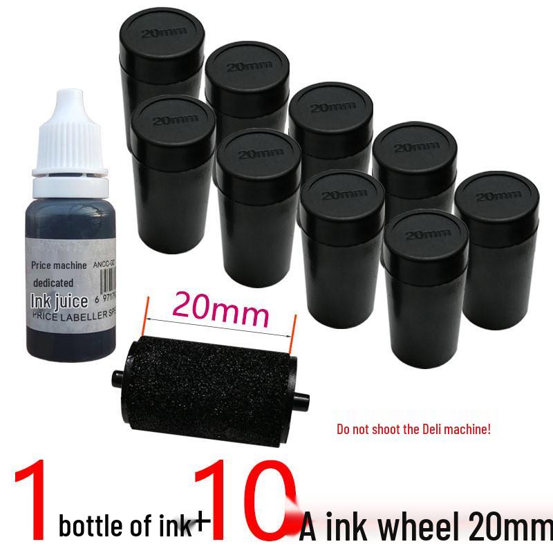 Einreihiges Preisschild-Set: Tintenpistole, 5500 Etiketten, Farbwalze und Zubehör.