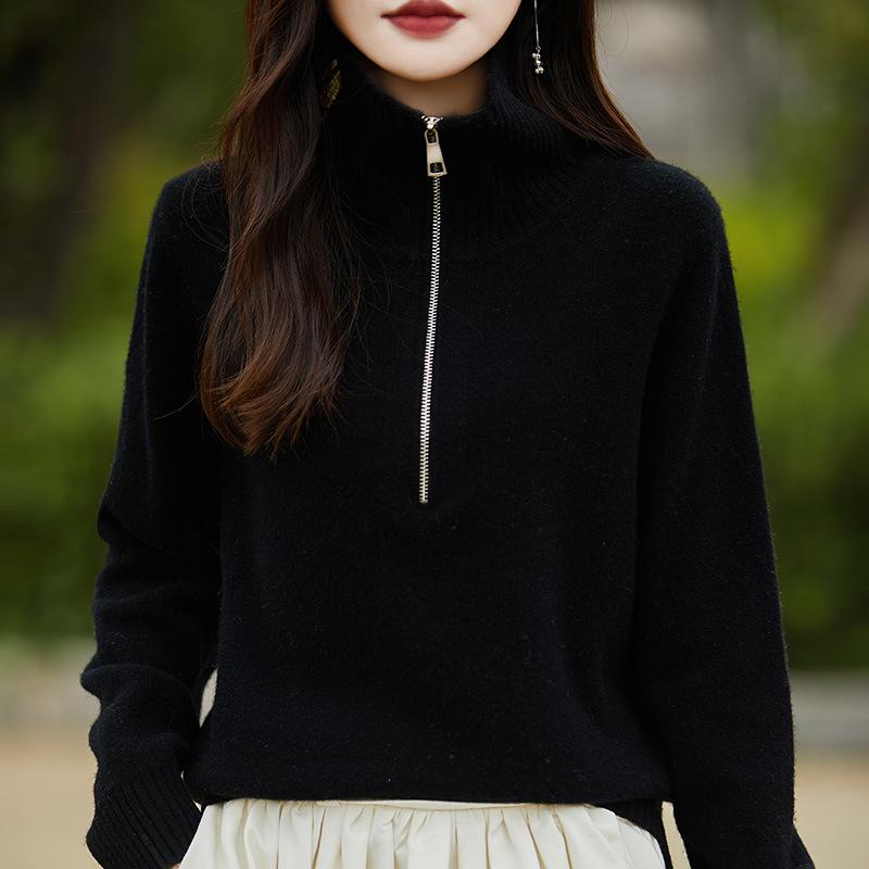 Women's Pure Australian Wool Half-Zipper Casual Lapel Sweater - Long-Sleeved & Thickened Base Layer
