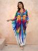 EDOLYNSA Böhmischer bedruckter handgestrickter V-Ausschnitt Fledermausärmel Übergröße Kaftan Lockeres Hauskleid 2024 Sommer Beachwear Badeanzug Cover Up Q1588