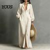 Autumn Women Dresses Button Front Shirt Dress, Long Sleeve Turn-down Collar Collared Style Solid Color Cinched Waist Dress for Daily Office Casual