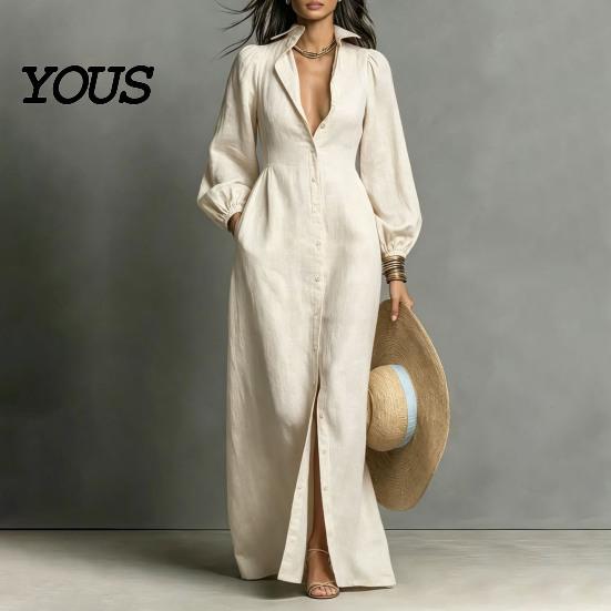 Autumn Women Dresses Button Front Shirt Dress, Long Sleeve Turn-down Collar Collared Style Solid Color Cinched Waist Dress for Daily Office Casual