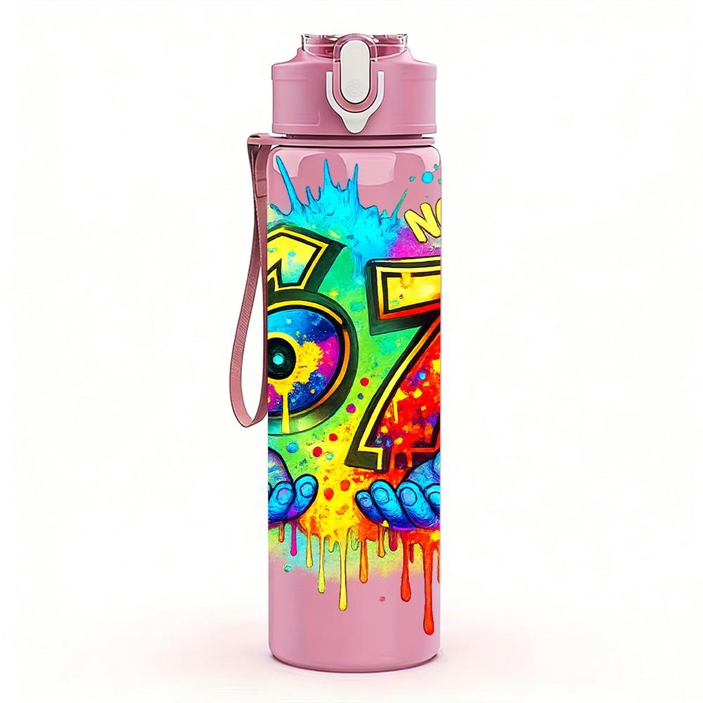 1PC Rainbow Number 67 Graffiti Print 750ml Color Plastic Sports Water Bottle Leakproof Flip Straw Lid Suitable for Sports Office Home Use