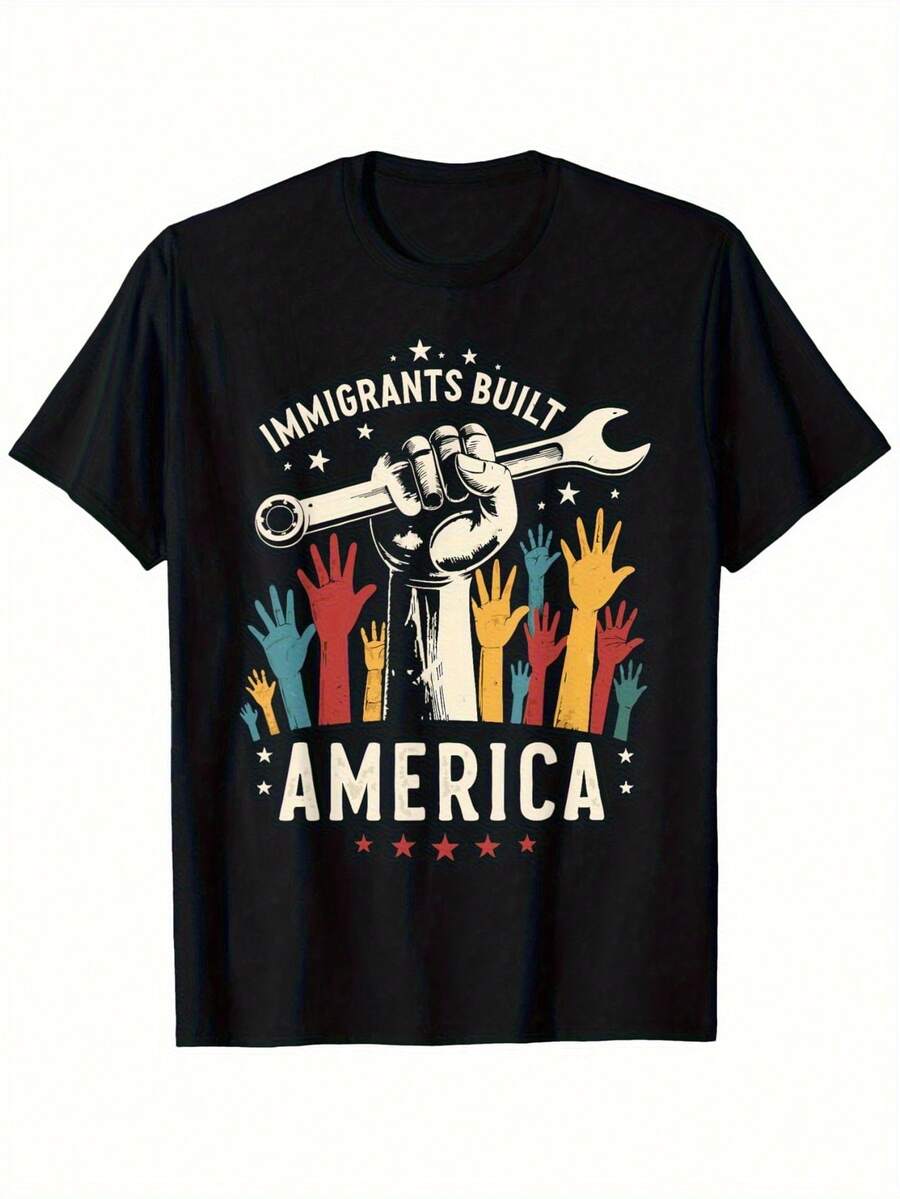 

Unisex s Heavyweight Vintage T-Shirt - Immigrants Built America Graphic Tee With Wrench & Diverse Hands Design M