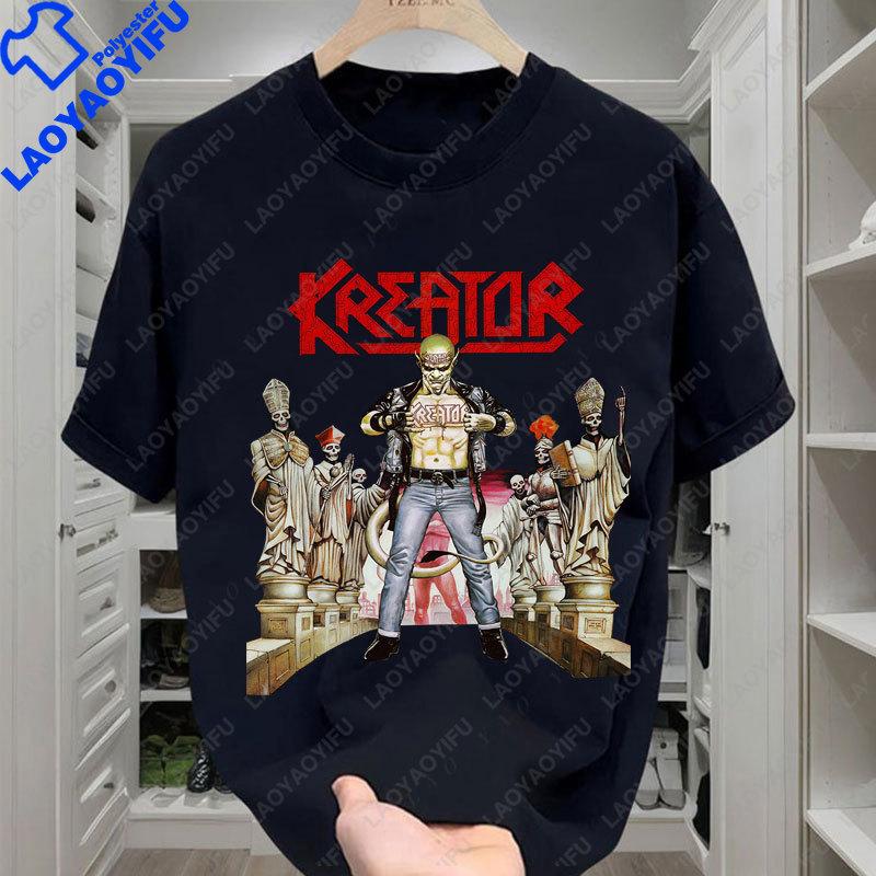 Kreator Tshirt 80s Thrash Metal Sodom Destruction Casual Loose Crewneck Retro Short Sleeve Polyester Unisexs Graphic Tshirts
