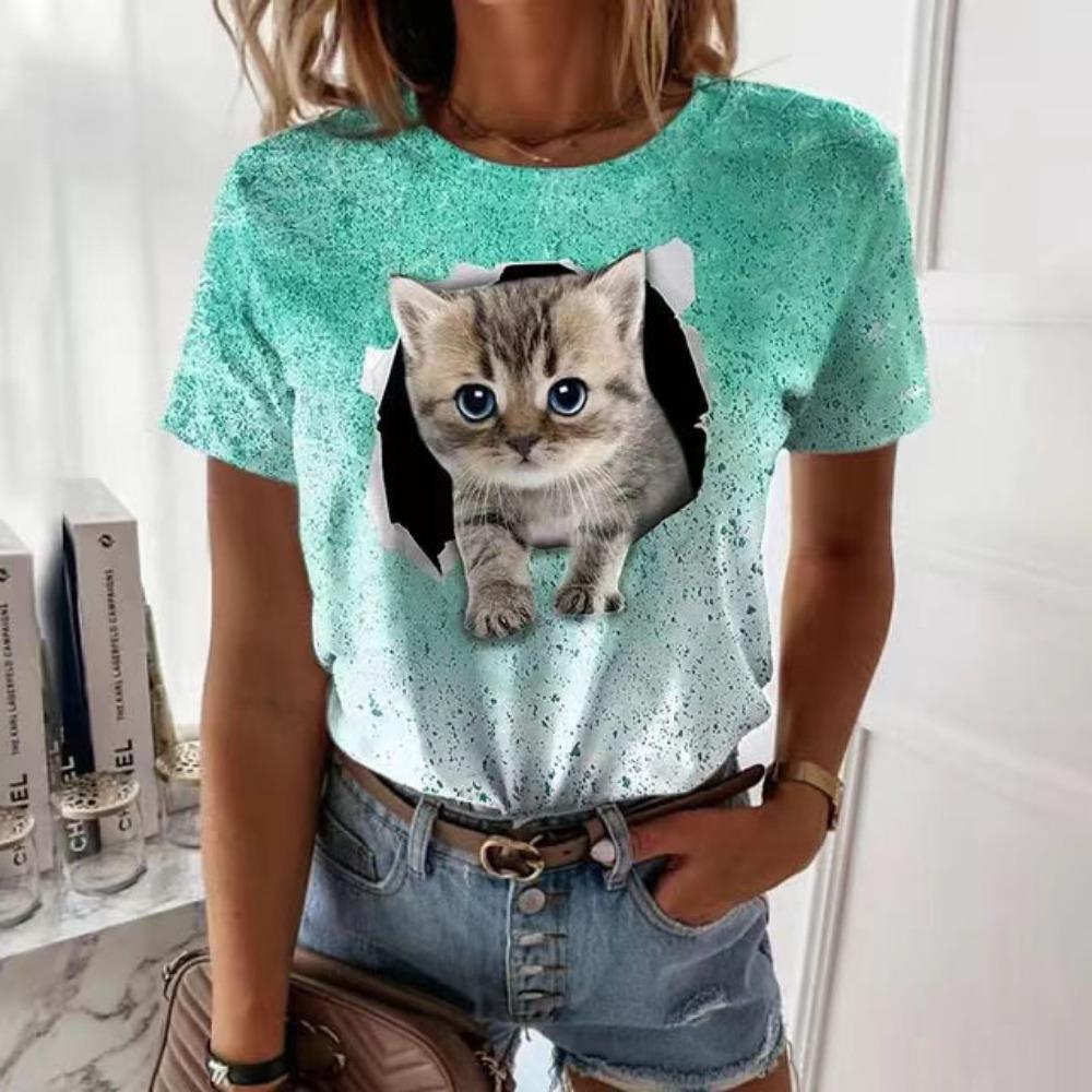 Cute Cat 3D Digital Printed Women's Fashionable Casual Round Neck Short Sleeved T-shirt