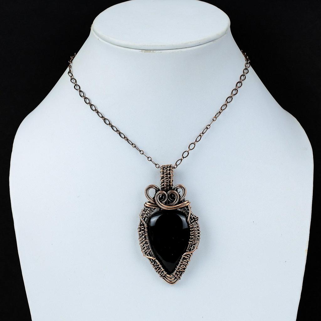 Black Onyx Gemstone Pure Copper Wire Wrapped Handmade Pendant Jewelry For Her