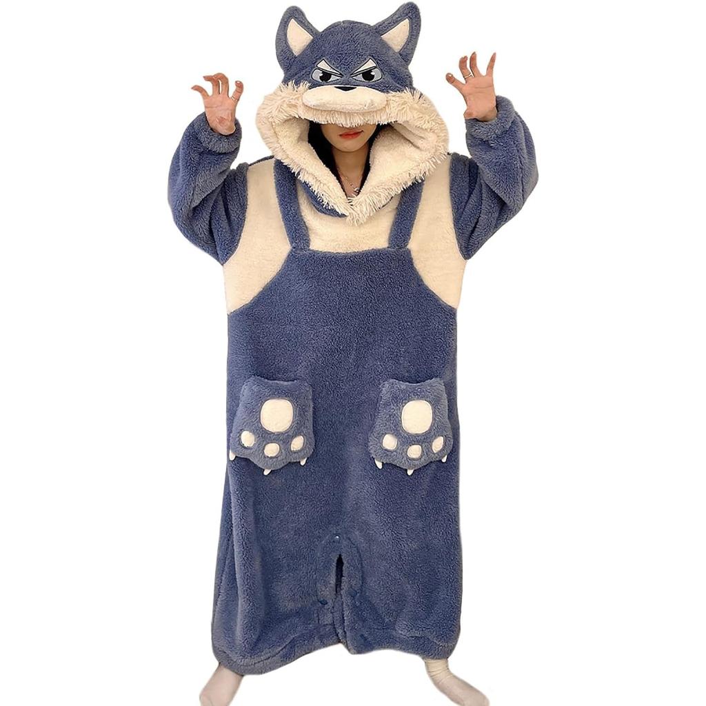 Bwgoroku Women's Wolf Kigurumi Pajamas, Long Sleeves, Fluffy Animal Costume, Funny Gift, Room Wear (Size L, Blue)