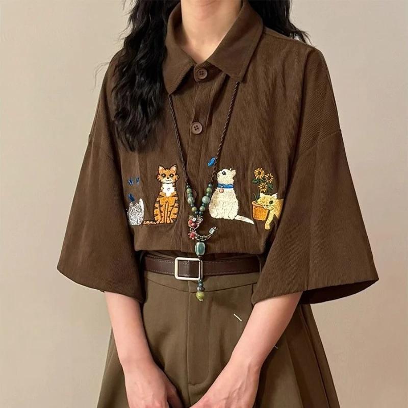 

Women s Cute Cat Embroidered Shirt Short Sleeved Solid Color Loose Shirts Summer Turn-down Collar Chic Casual Tops XXL