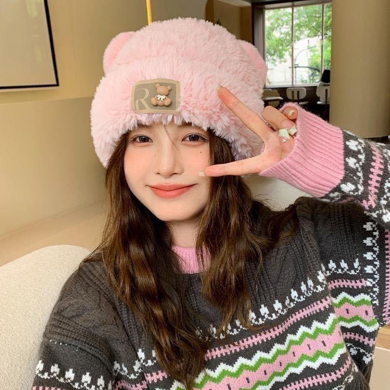 Winter Bear Ear Thermal Hat New Plush Women's Hat Loose Fashion Face Small Pullover Hat